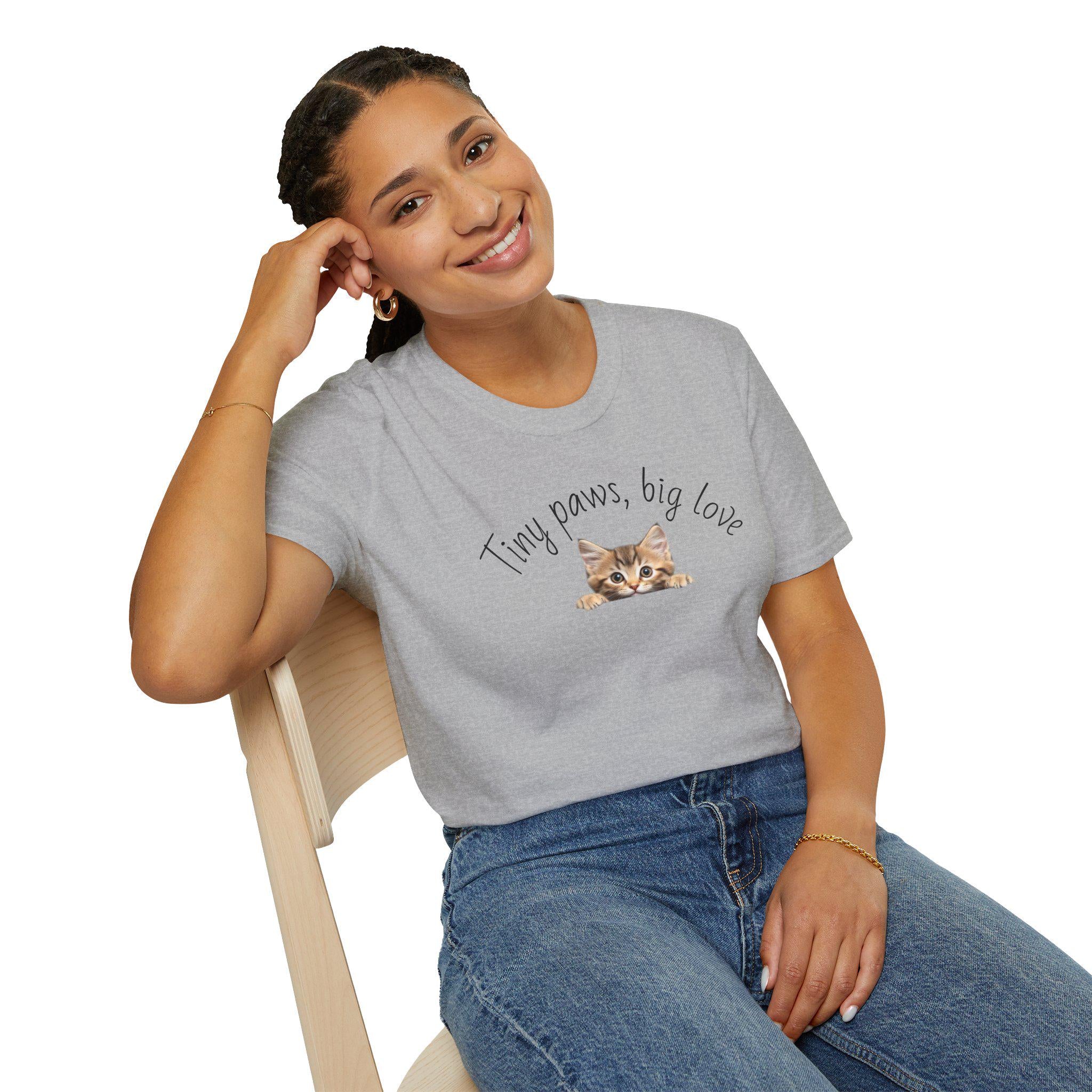 Kitten Illustration T-Shirt, Tiny Paws Big Love, Minimalist Cat Lover Tee