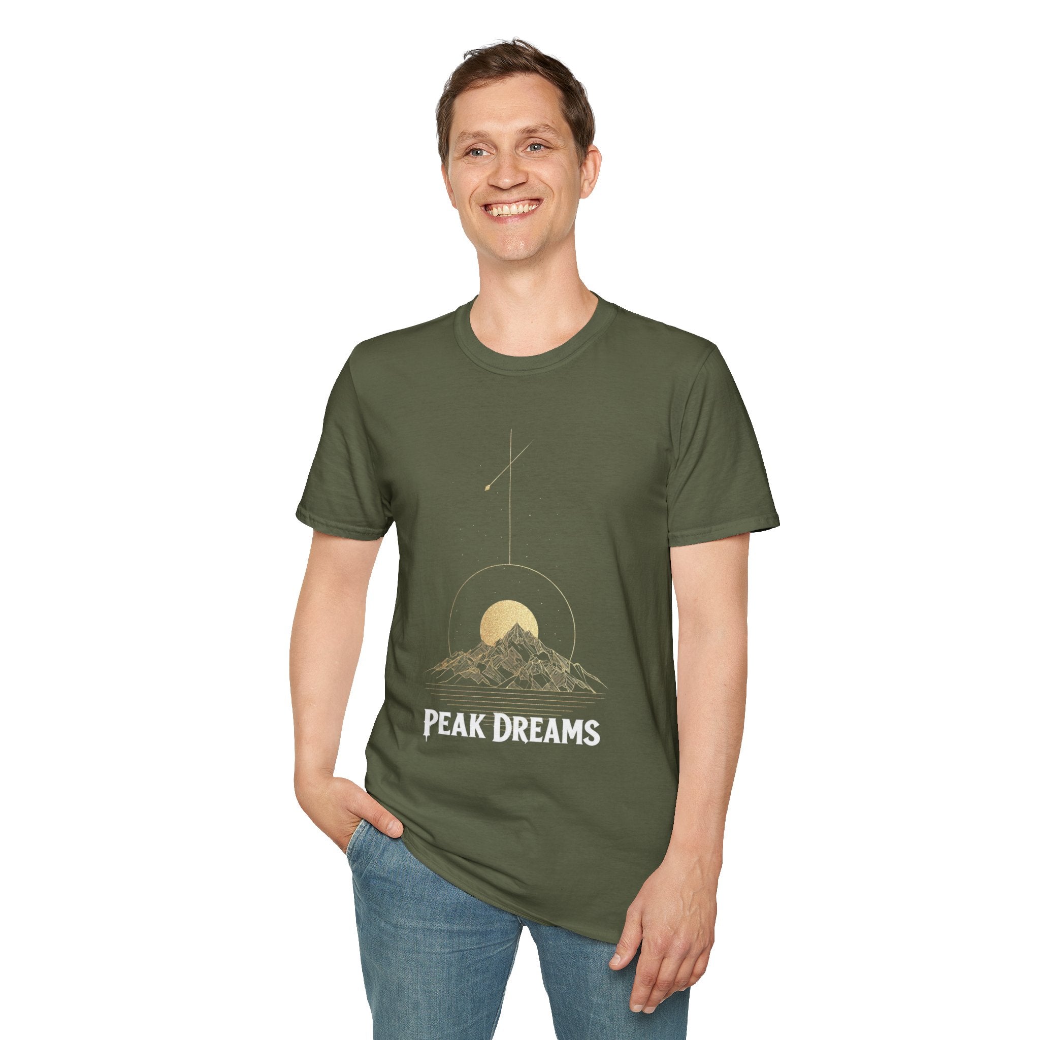 "Peak Dreams Mountain T-Shirt | Celestial Gothic Tee | Astronomy Night Sky Shirt | Adventure Hiking Gift | Boho Mystical Apparel | Vintage Gold Mountain Graphic