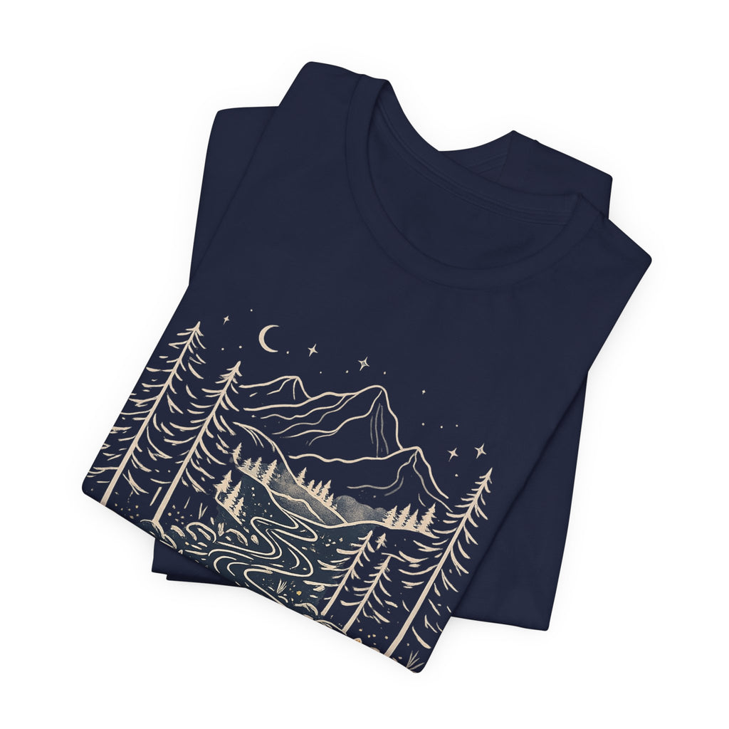 Mountain River Forest Graphic Tee, Nature Landscape Shirt, Boho Outdoor T-Shirt, Camping Hiking Gift, Unisex Black Tee, Wilderness Adventure Top