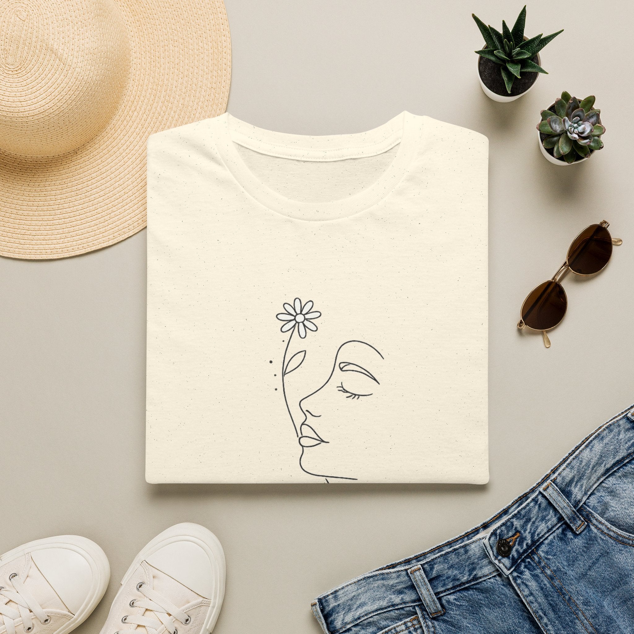 Minimalist Floral Woman Face T-Shirt | Abstract Line Art Graphic Tee | Boho Aesthetic Shirt