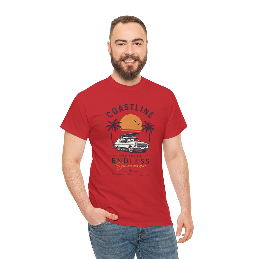 Coastline Endless Summer T-Shirt, Beach Vacation Graphic Tee, Retro Surf Van Shirt, Coastal Sunset Summer Top, Unisex Beach Lover Gift