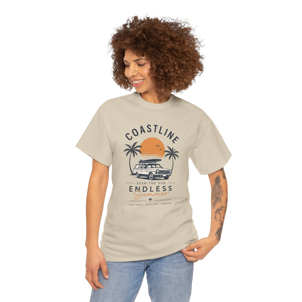 Coastline Endless Summer T-Shirt, Beach Vacation Graphic Tee, Retro Surf Van Shirt, Coastal Sunset Summer Top, Unisex Beach Lover Gift