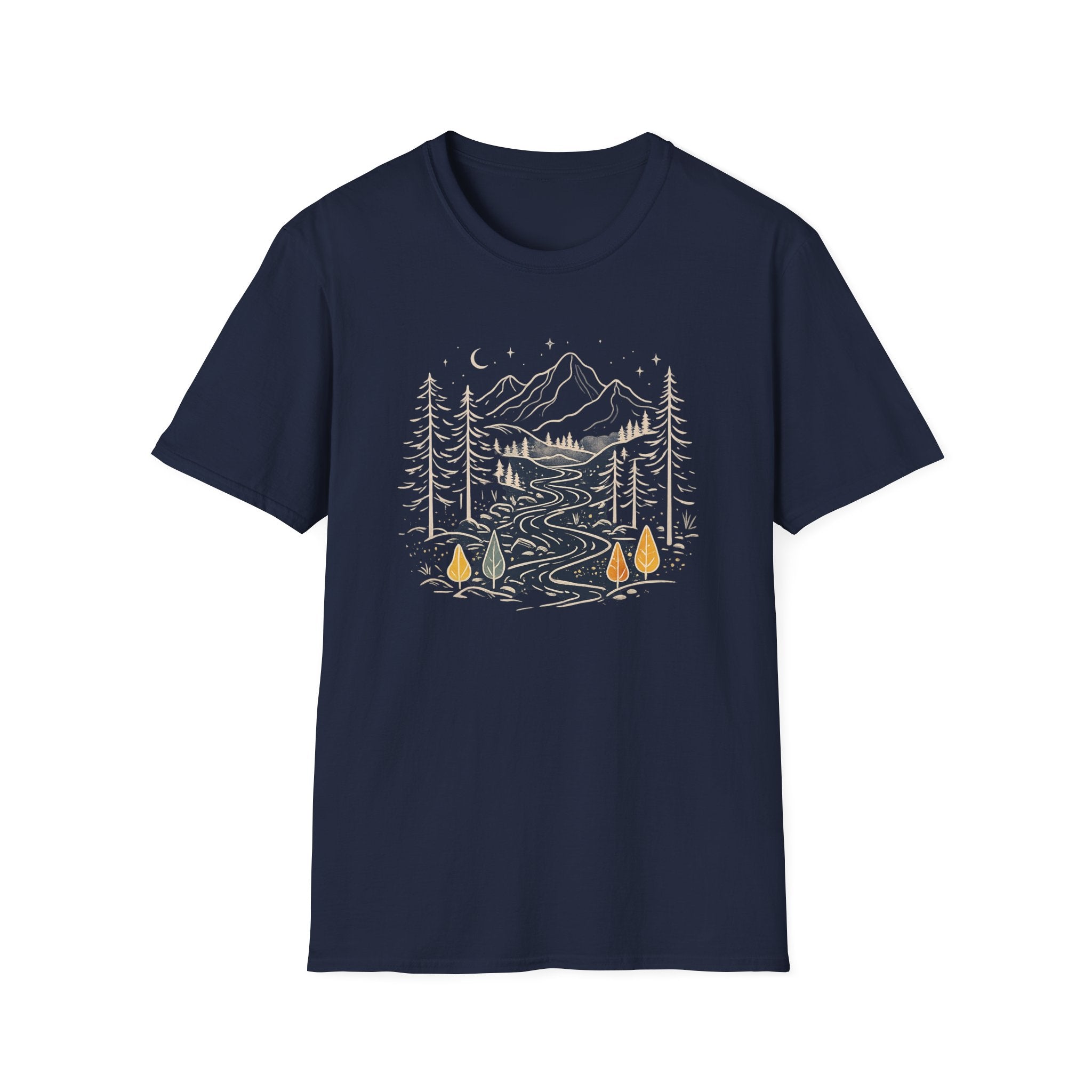 Midnight Mountain River Forest T-Shirt | Vintage Nature Adventure Graphic Tee | Minimalist Camping Hiking Shirt