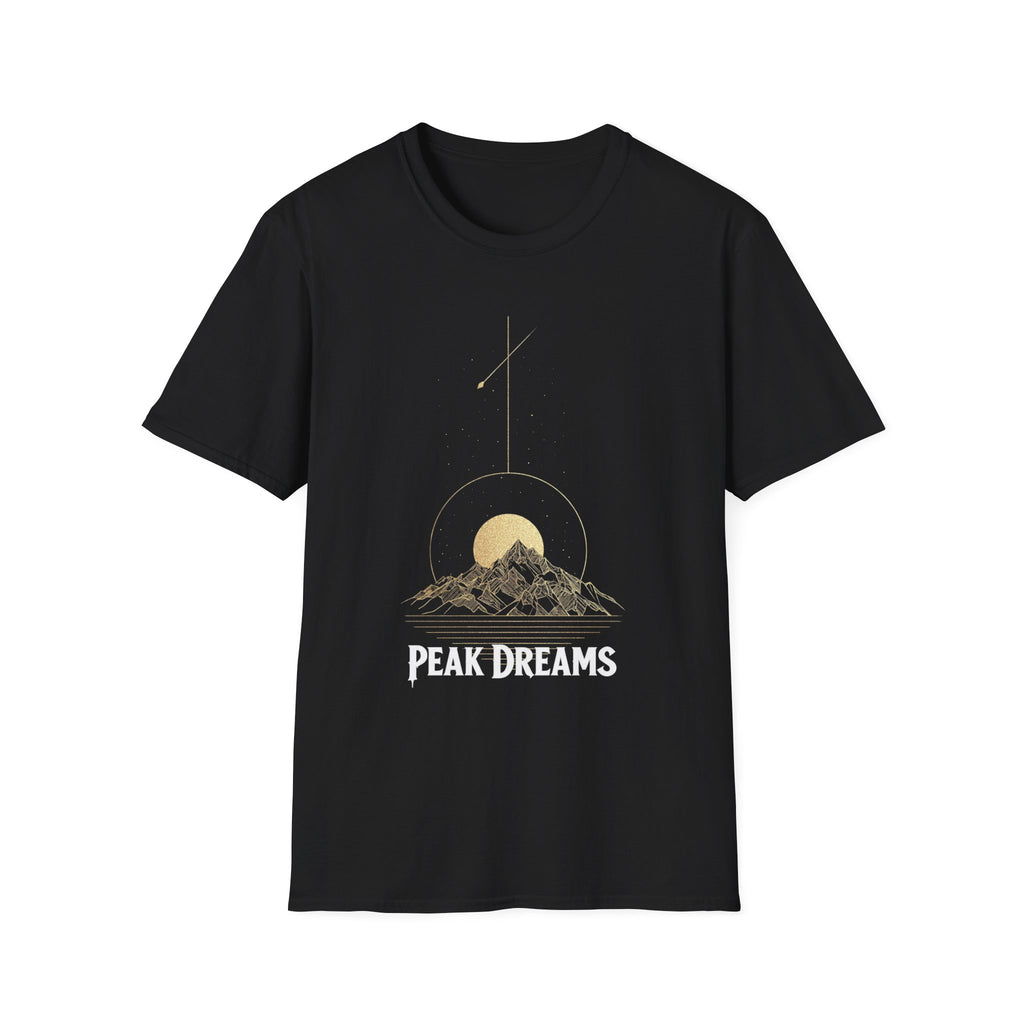 "Peak Dreams Mountain T-Shirt | Celestial Gothic Tee | Astronomy Night Sky Shirt | Adventure Hiking Gift | Boho Mystical Apparel | Vintage Gold Mountain Graphic