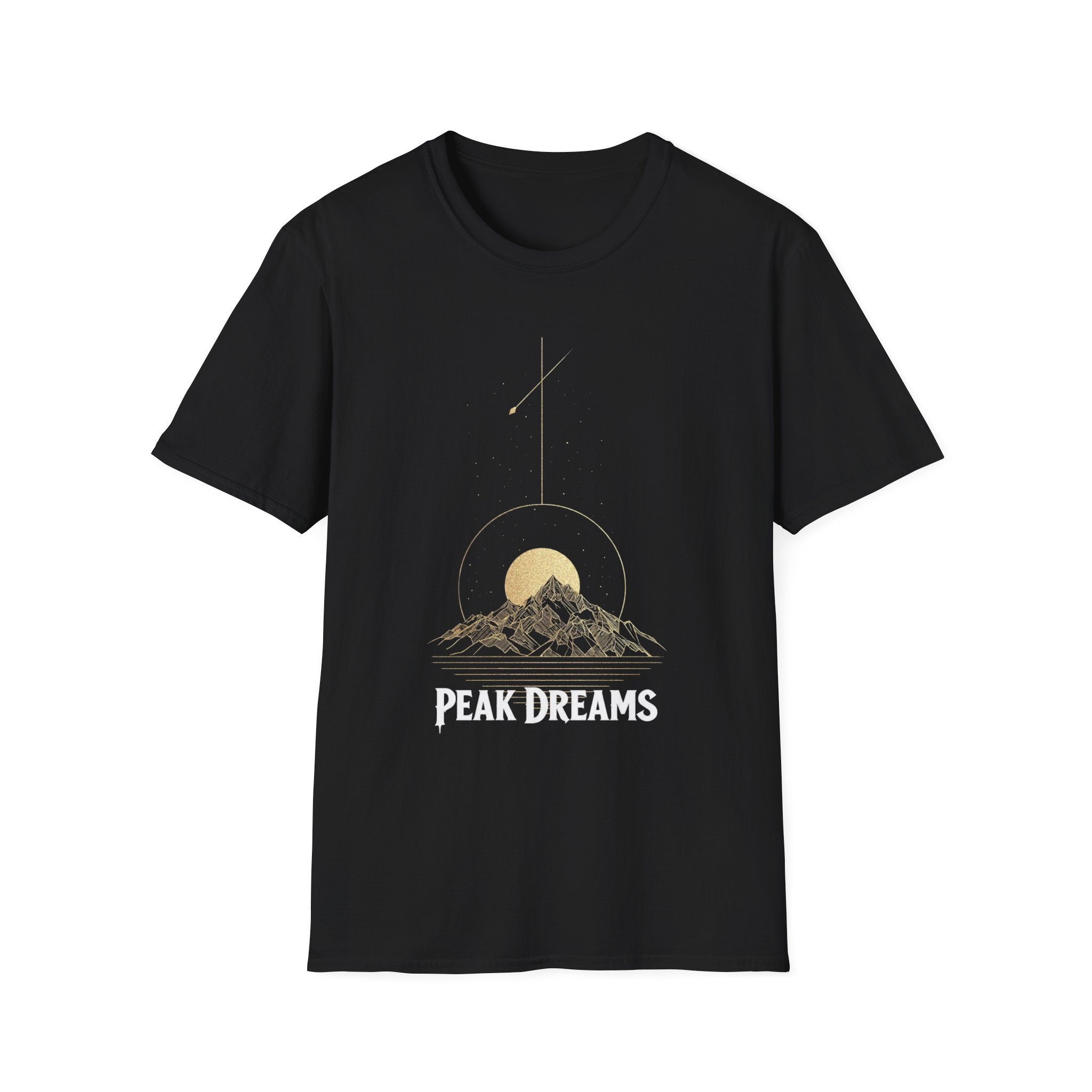 "Peak Dreams Mountain T-Shirt | Celestial Gothic Tee | Astronomy Night Sky Shirt | Adventure Hiking Gift | Boho Mystical Apparel | Vintage Gold Mountain Graphic