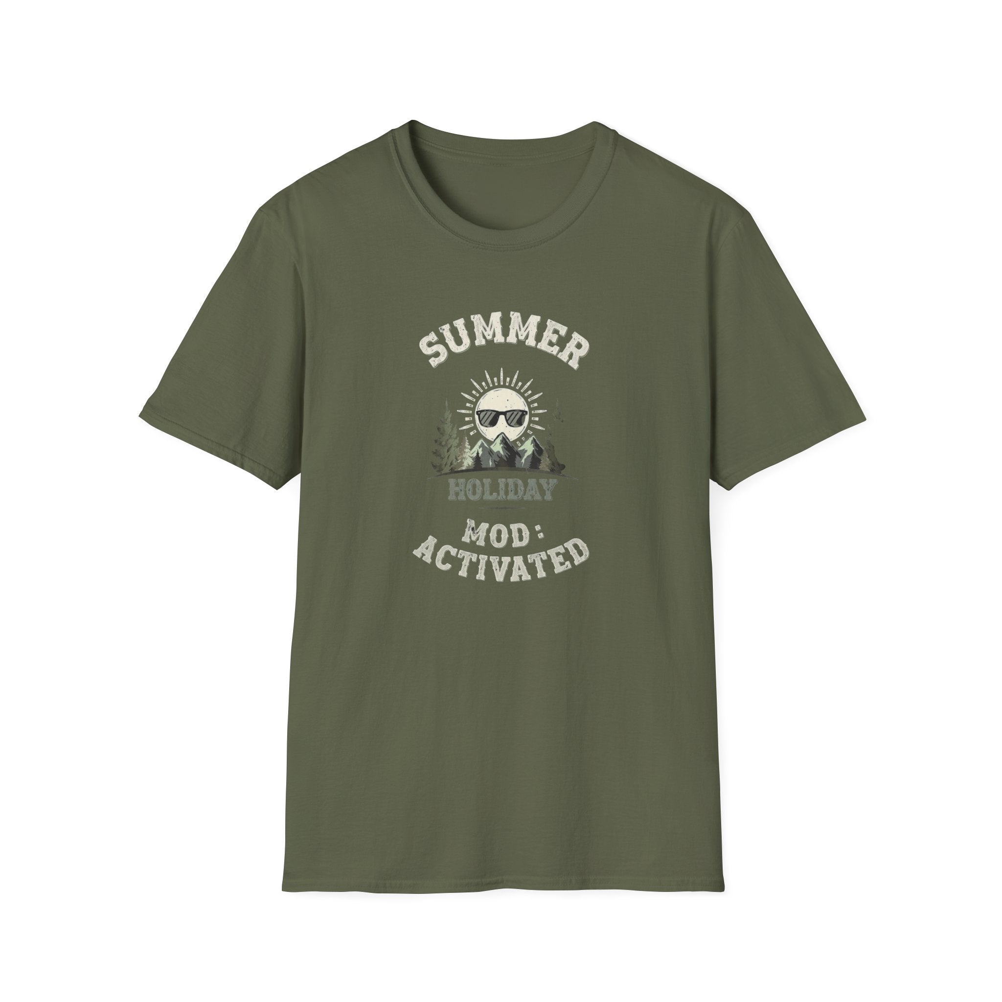 Summer Holiday Mode Activated T-Shirt | Retro Mountain Sun Graphic Tee | Camping Hiking Vacation Shirt for Men Women | Outdoor Adventure Top