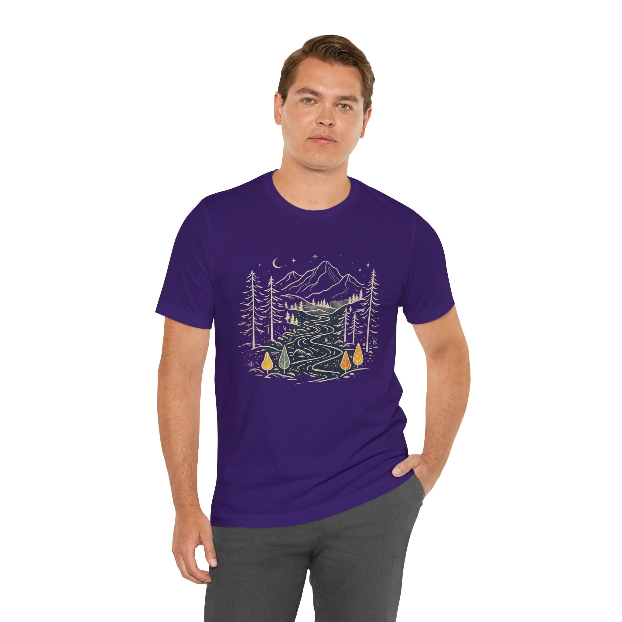 Mountain River Forest Graphic Tee, Nature Landscape Shirt, Boho Outdoor T-Shirt, Camping Hiking Gift, Unisex Black Tee, Wilderness Adventure Top