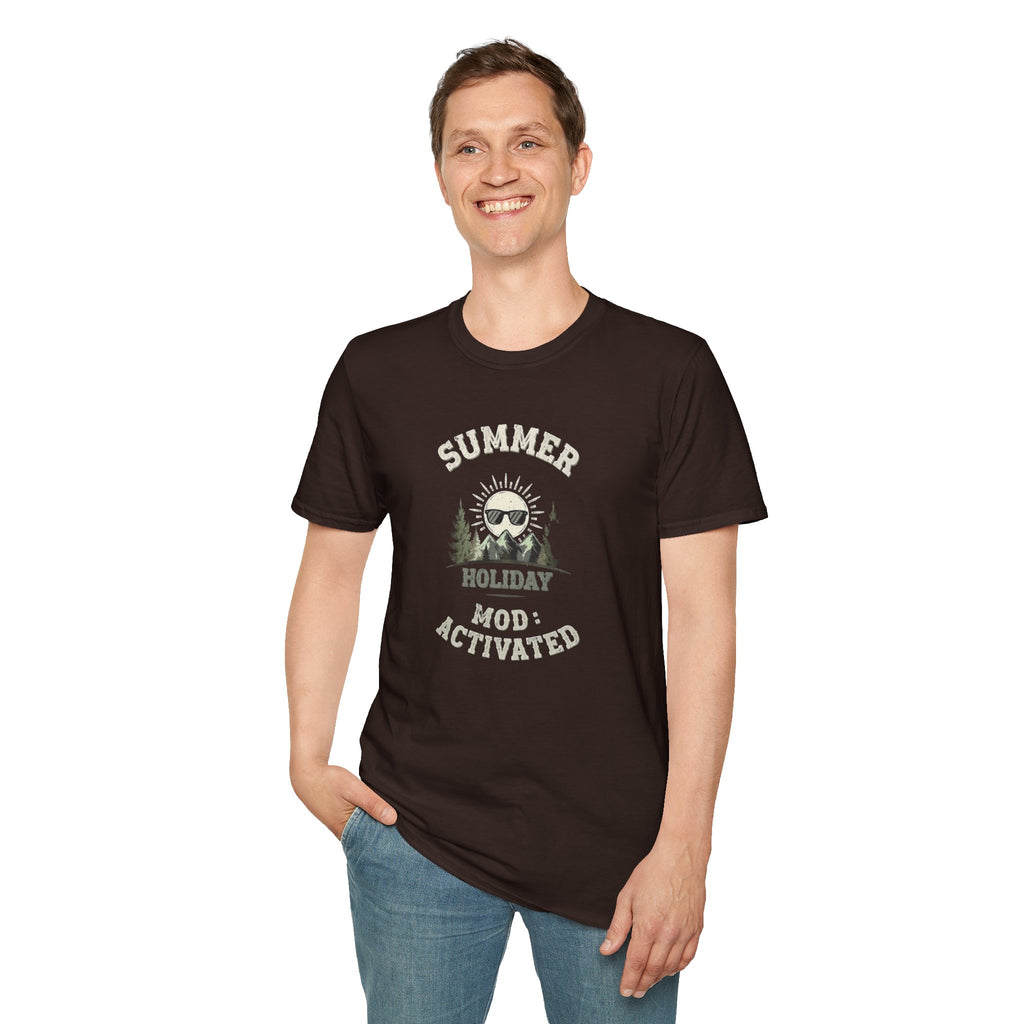 Summer Holiday Mode Activated T-Shirt | Retro Mountain Sun Graphic Tee | Camping Hiking Vacation Shirt for Men Women | Outdoor Adventure Top