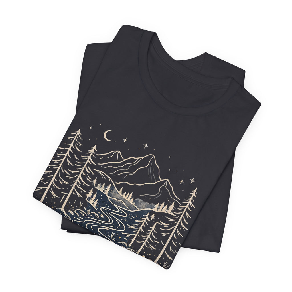 Mountain River Forest Graphic Tee, Nature Landscape Shirt, Boho Outdoor T-Shirt, Camping Hiking Gift, Unisex Black Tee, Wilderness Adventure Top