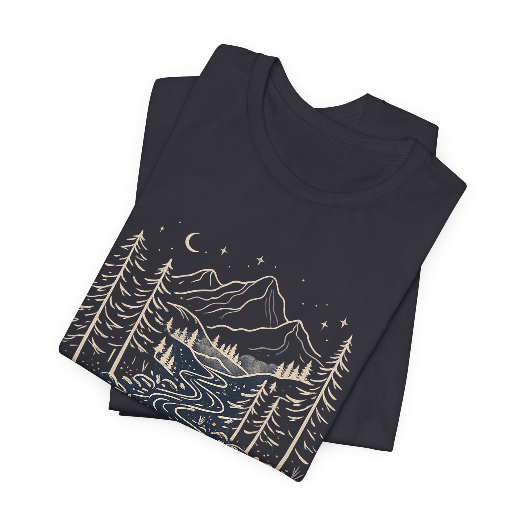 Mountain River Forest Graphic Tee, Nature Landscape Shirt, Boho Outdoor T-Shirt, Camping Hiking Gift, Unisex Black Tee, Wilderness Adventure Top