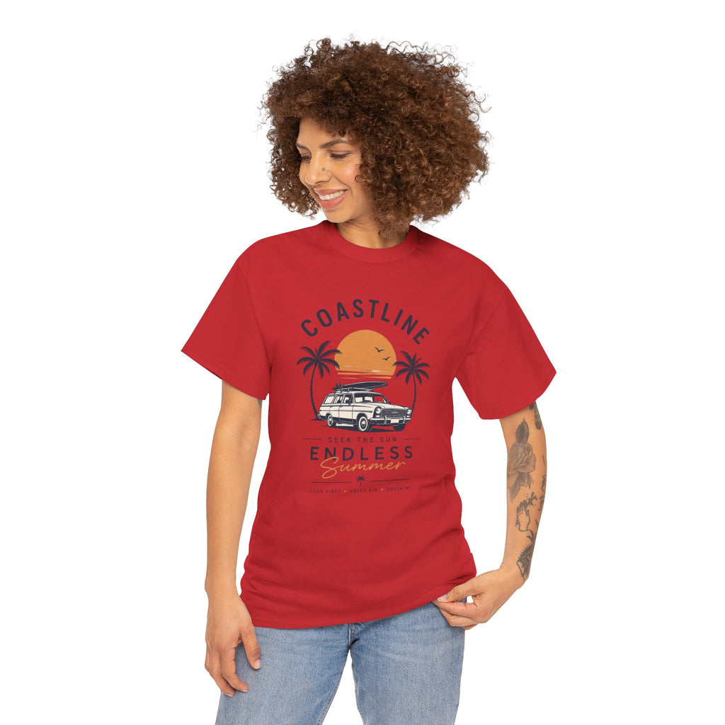 Coastline Endless Summer T-Shirt, Beach Vacation Graphic Tee, Retro Surf Van Shirt, Coastal Sunset Summer Top, Unisex Beach Lover Gift