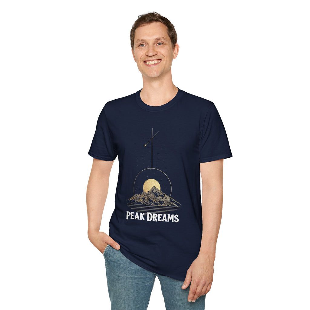 "Peak Dreams Mountain T-Shirt | Celestial Gothic Tee | Astronomy Night Sky Shirt | Adventure Hiking Gift | Boho Mystical Apparel | Vintage Gold Mountain Graphic
