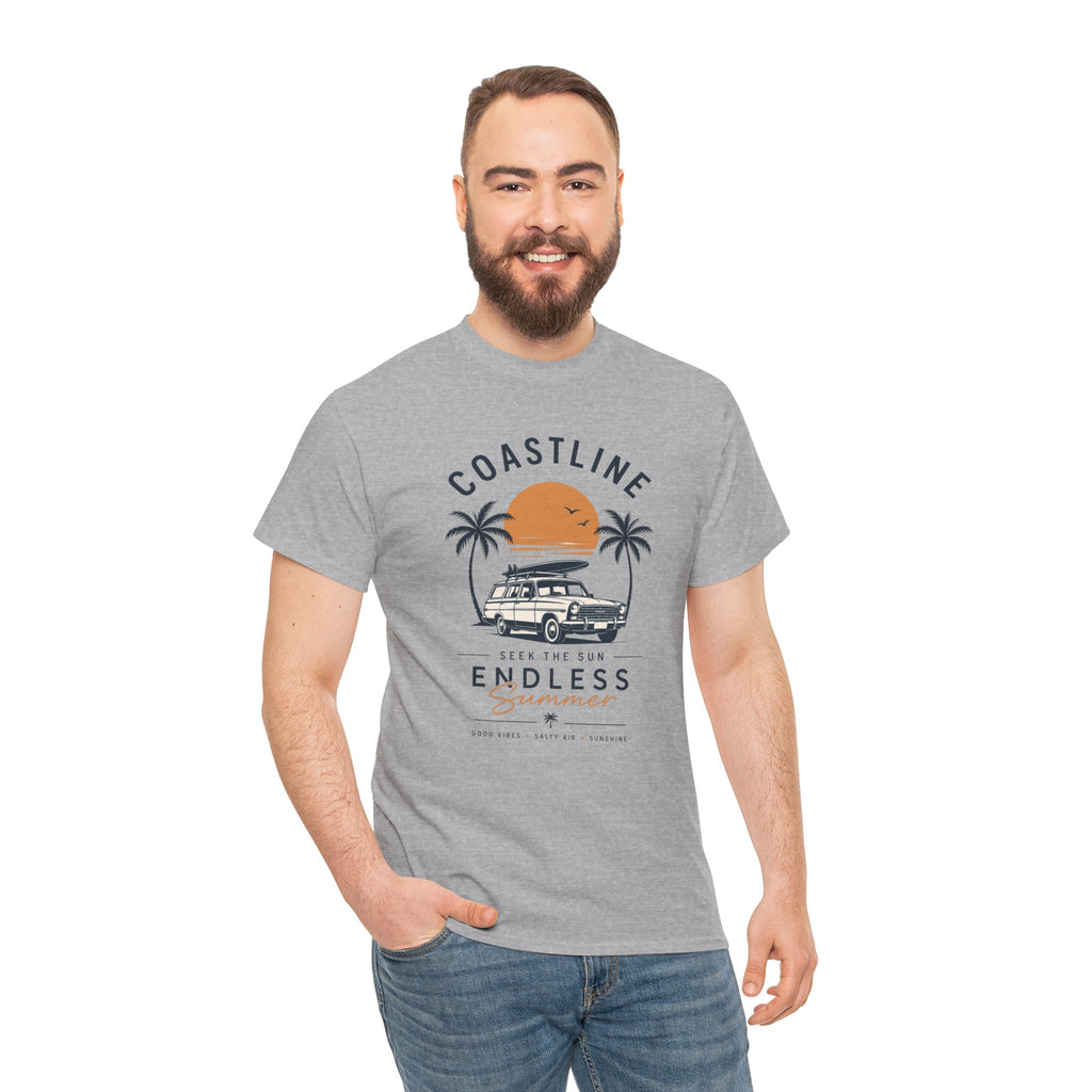 Coastline Endless Summer T-Shirt, Beach Vacation Graphic Tee, Retro Surf Van Shirt, Coastal Sunset Summer Top, Unisex Beach Lover Gift