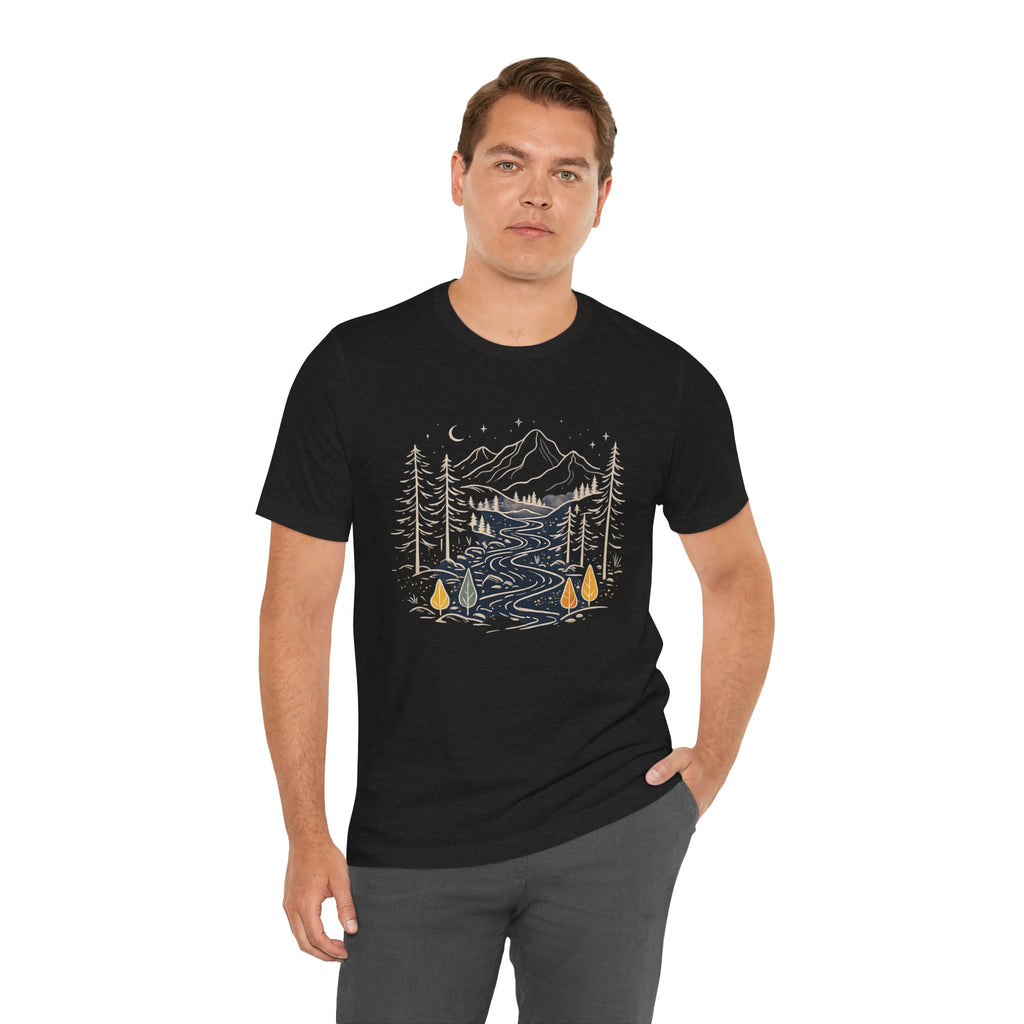 Mountain River Forest Graphic Tee, Nature Landscape Shirt, Boho Outdoor T-Shirt, Camping Hiking Gift, Unisex Black Tee, Wilderness Adventure Top