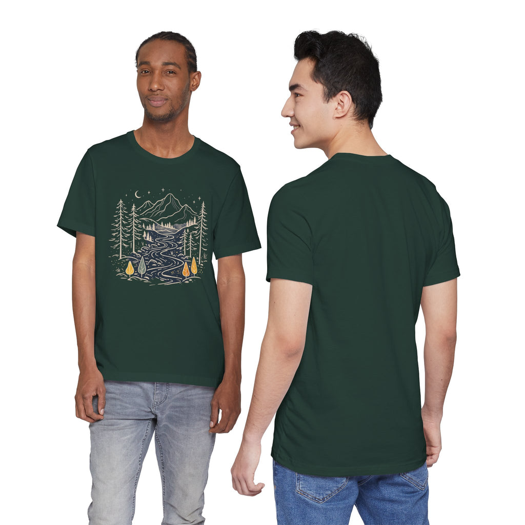 Mountain River Forest Graphic Tee, Nature Landscape Shirt, Boho Outdoor T-Shirt, Camping Hiking Gift, Unisex Black Tee, Wilderness Adventure Top
