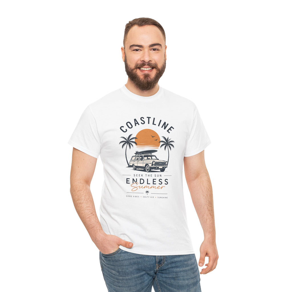 Coastline Endless Summer T-Shirt, Beach Vacation Graphic Tee, Retro Surf Van Shirt, Coastal Sunset Summer Top, Unisex Beach Lover Gift