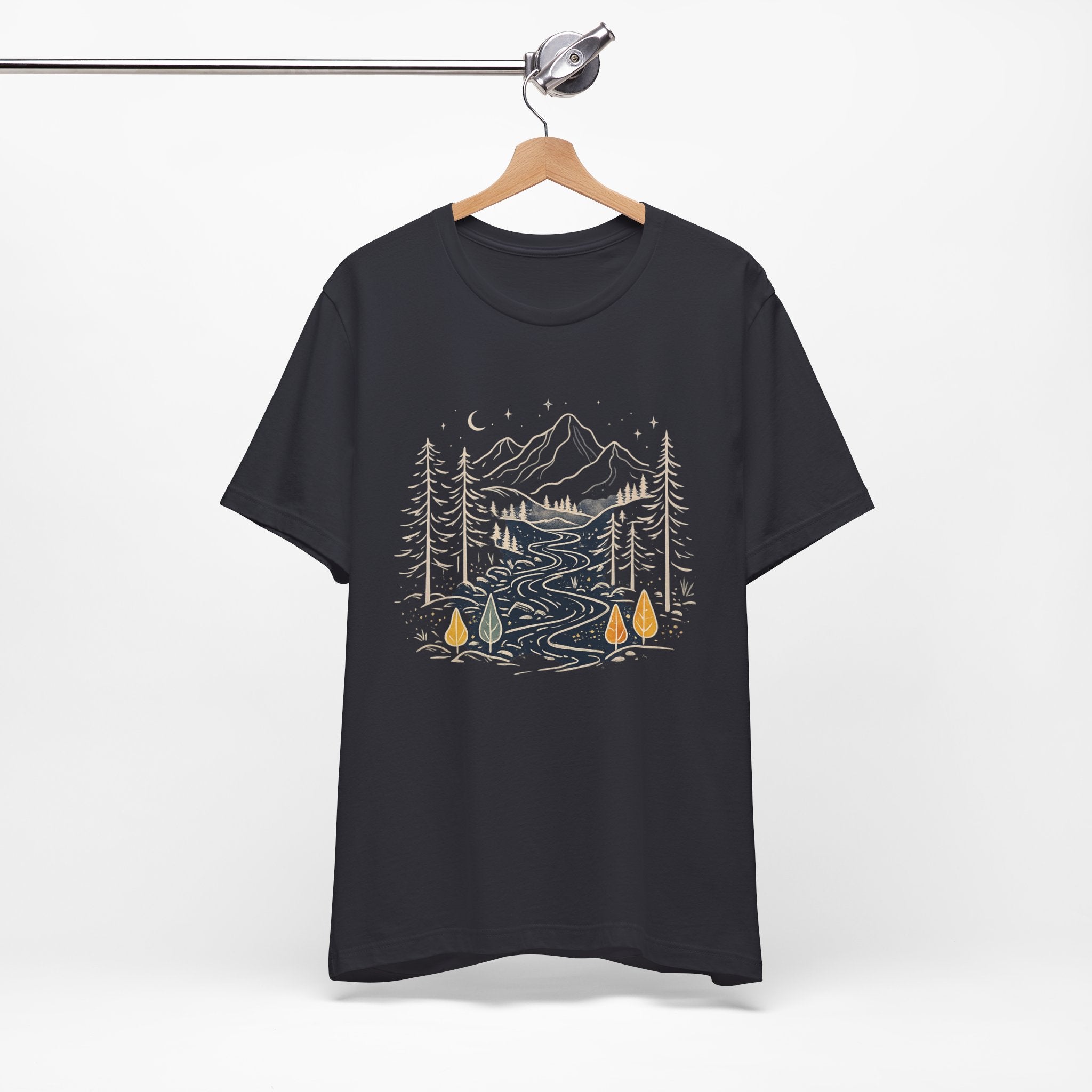 Mountain River Forest Graphic Tee, Nature Landscape Shirt, Boho Outdoor T-Shirt, Camping Hiking Gift, Unisex Black Tee, Wilderness Adventure Top