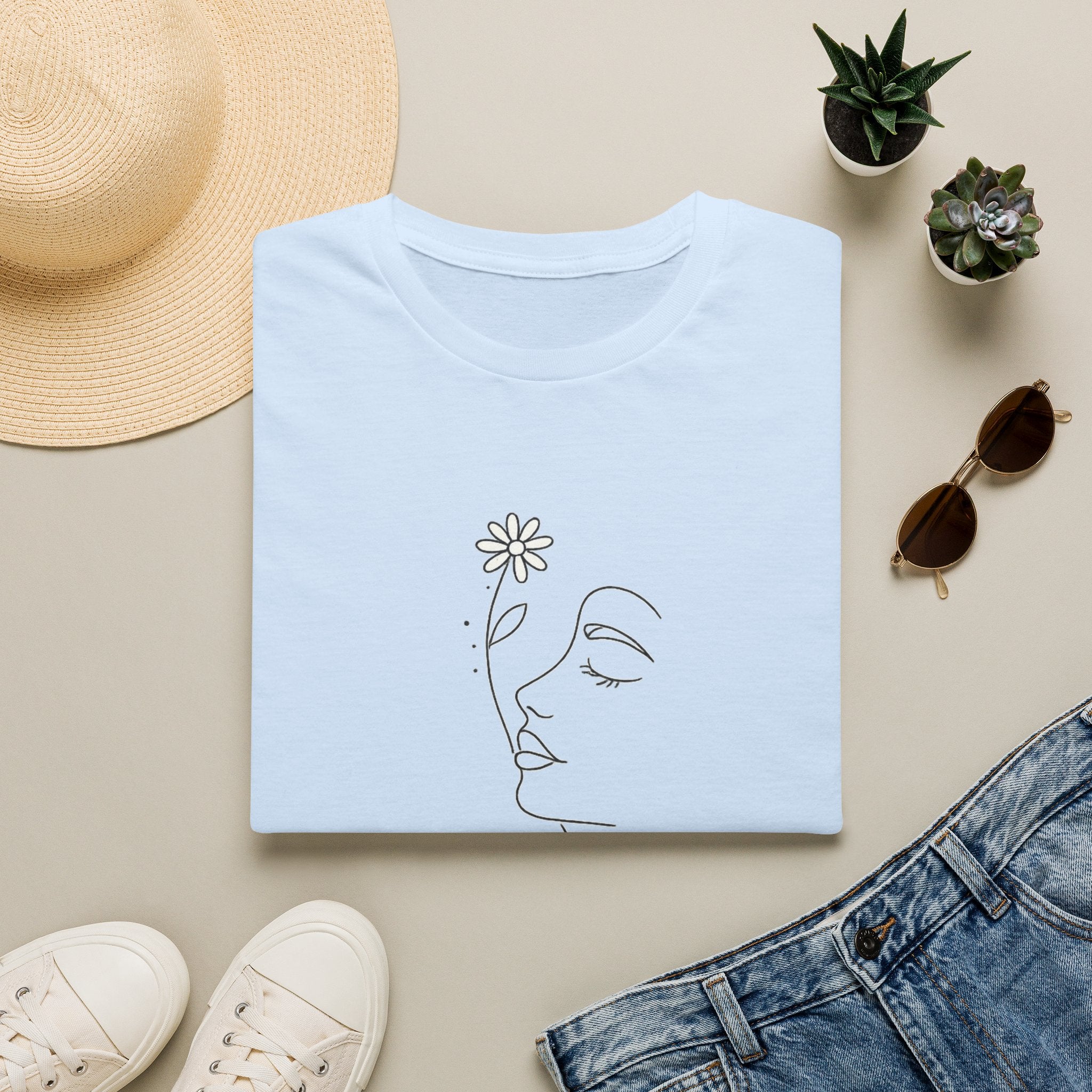 Minimalist Floral Woman Face T-Shirt | Abstract Line Art Graphic Tee | Boho Aesthetic Shirt