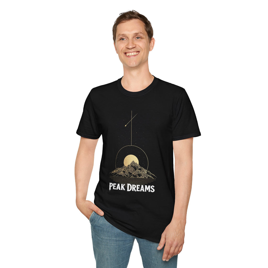 "Peak Dreams Mountain T-Shirt | Celestial Gothic Tee | Astronomy Night Sky Shirt | Adventure Hiking Gift | Boho Mystical Apparel | Vintage Gold Mountain Graphic