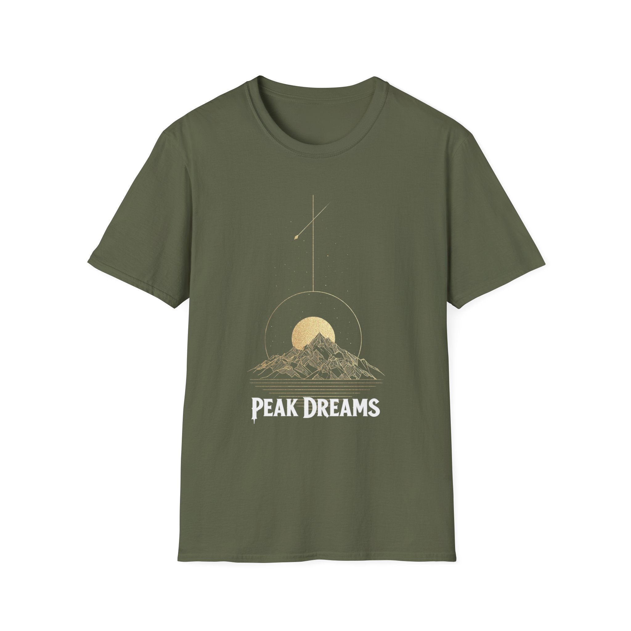 "Peak Dreams Mountain T-Shirt | Celestial Gothic Tee | Astronomy Night Sky Shirt | Adventure Hiking Gift | Boho Mystical Apparel | Vintage Gold Mountain Graphic