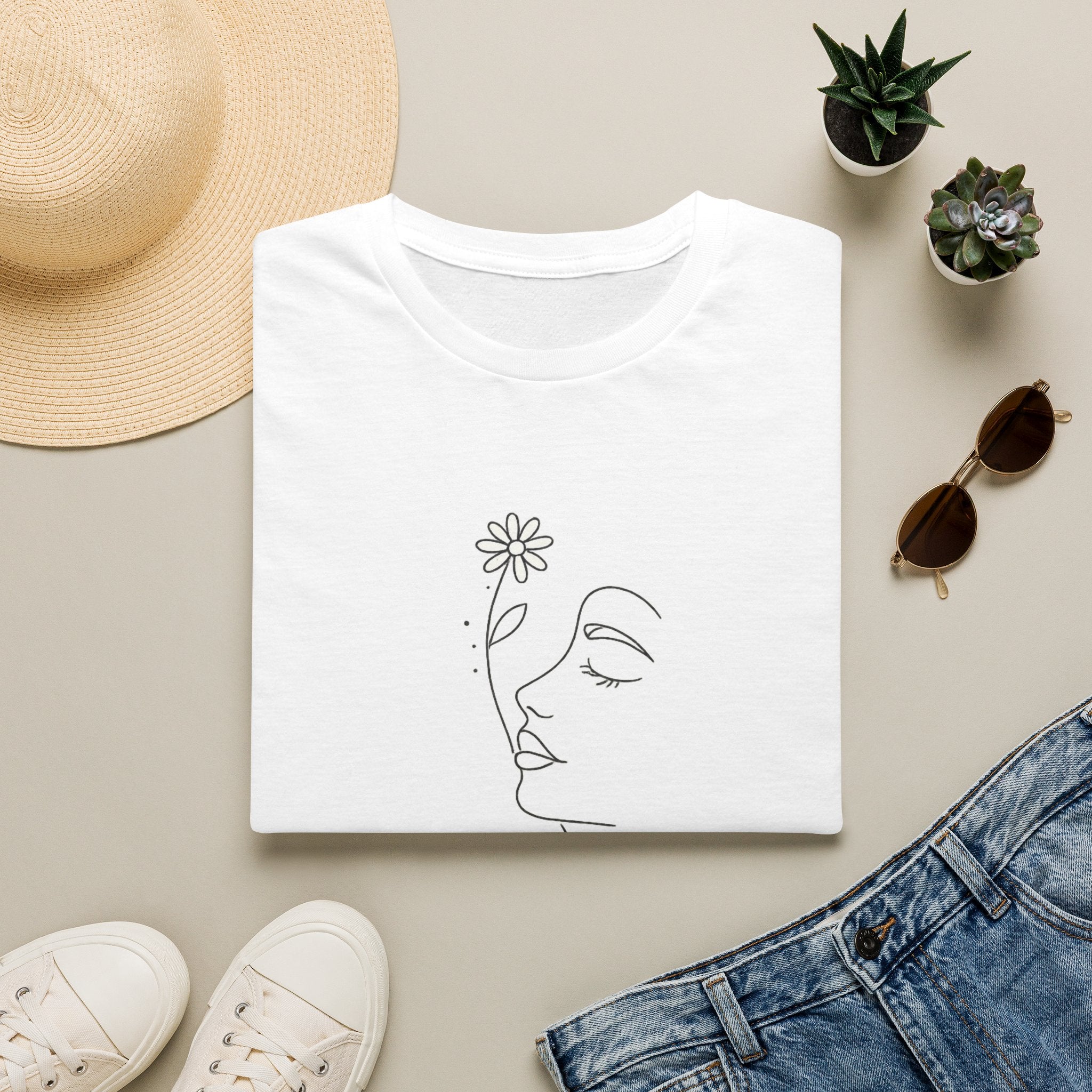 Minimalist Floral Woman Face T-Shirt | Abstract Line Art Graphic Tee | Boho Aesthetic Shirt