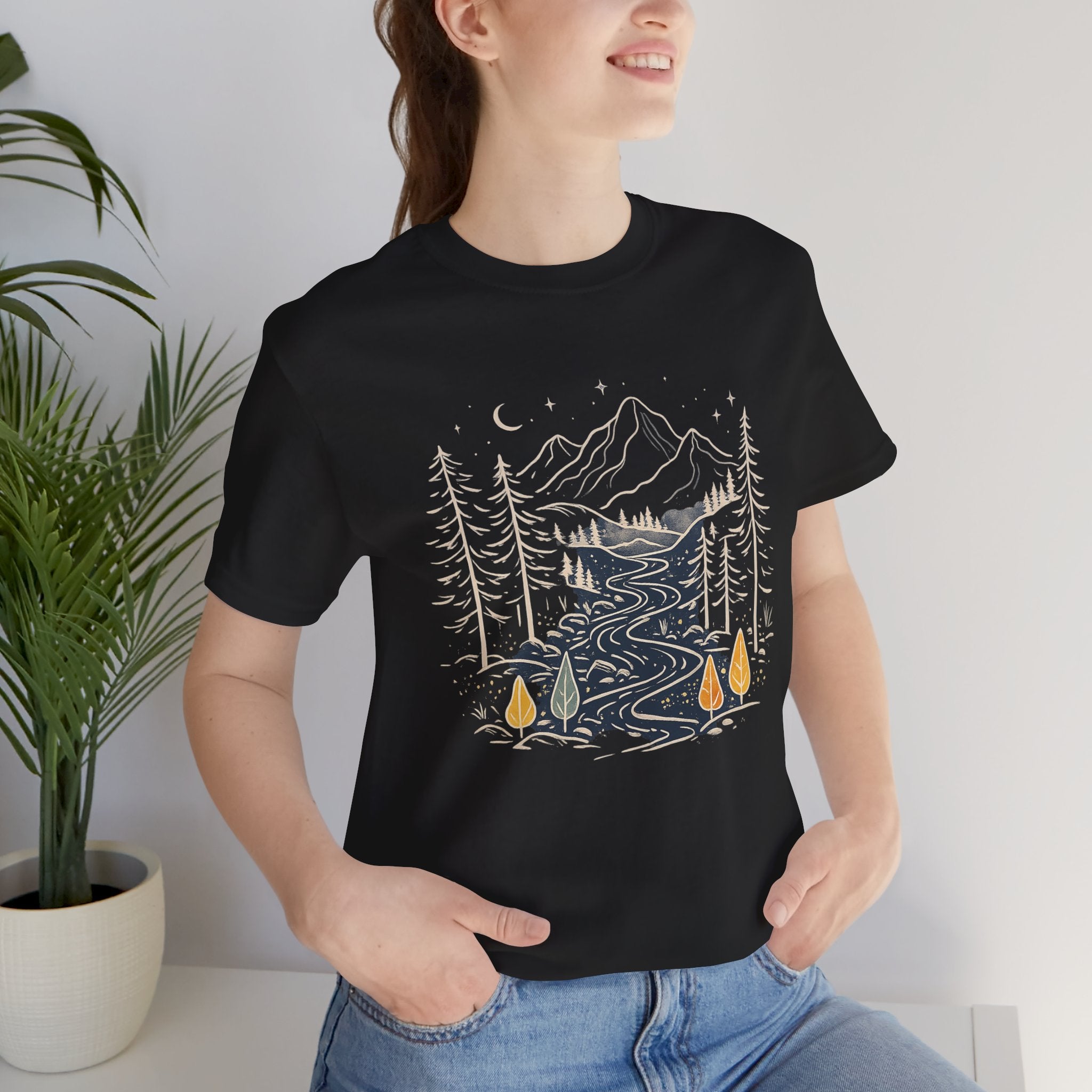 Mountain River Forest Graphic Tee, Nature Landscape Shirt, Boho Outdoor T-Shirt, Camping Hiking Gift, Unisex Black Tee, Wilderness Adventure Top