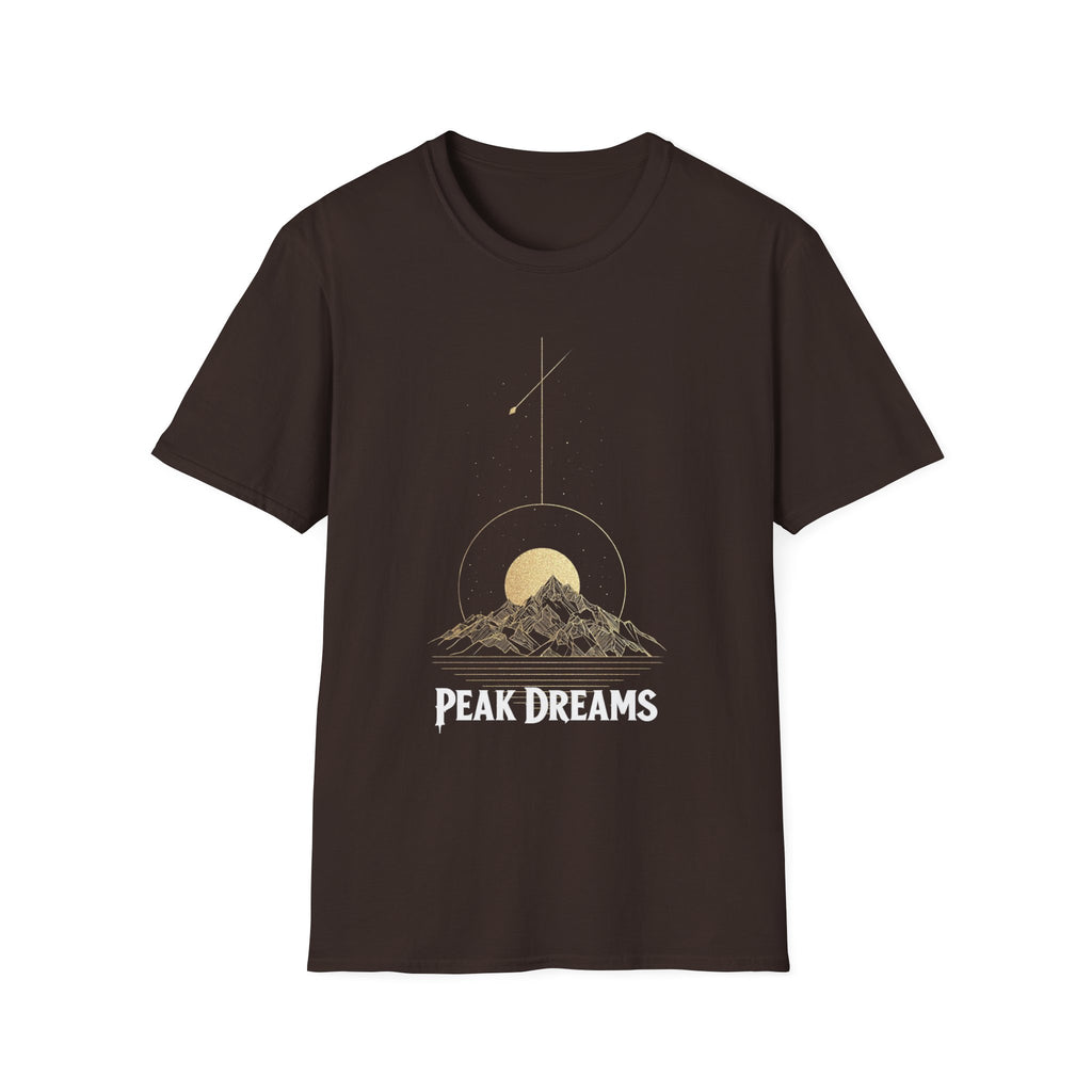 "Peak Dreams Mountain T-Shirt | Celestial Gothic Tee | Astronomy Night Sky Shirt | Adventure Hiking Gift | Boho Mystical Apparel | Vintage Gold Mountain Graphic