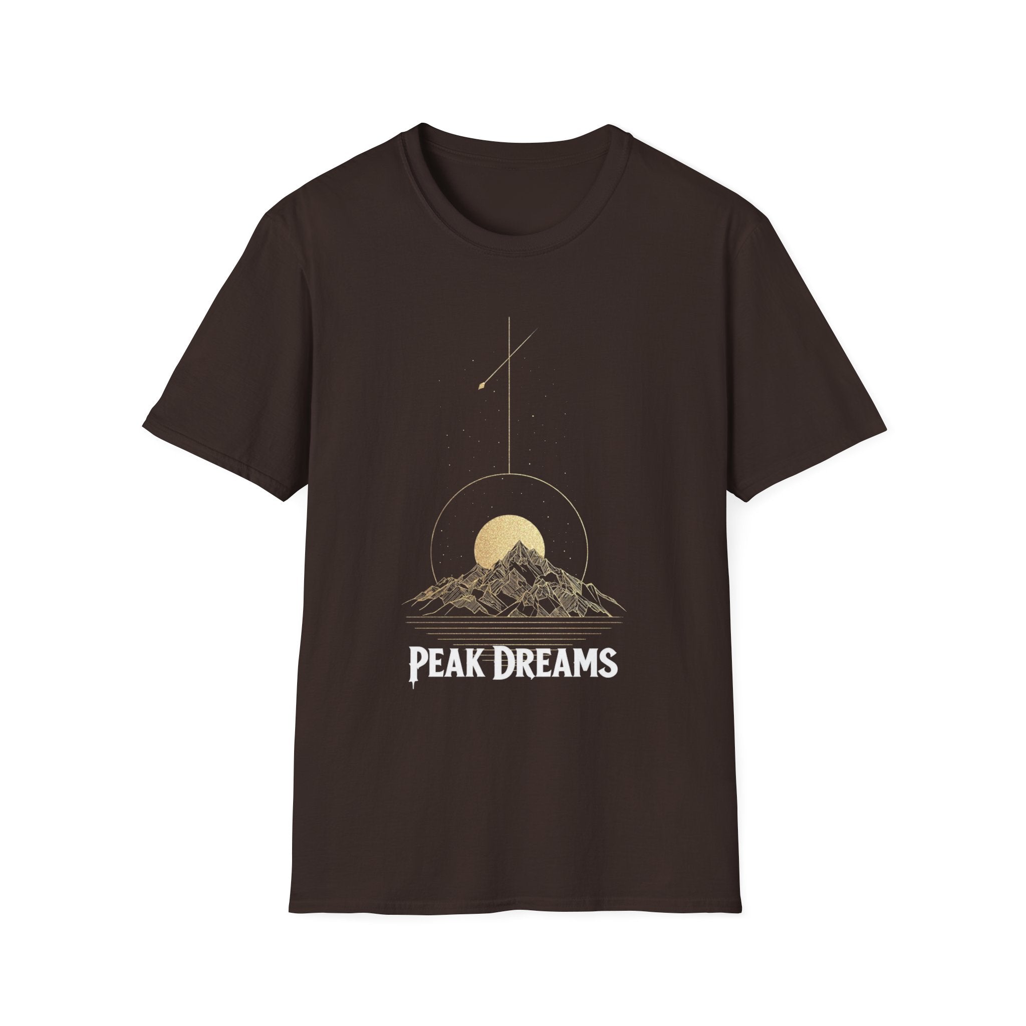 "Peak Dreams Mountain T-Shirt | Celestial Gothic Tee | Astronomy Night Sky Shirt | Adventure Hiking Gift | Boho Mystical Apparel | Vintage Gold Mountain Graphic