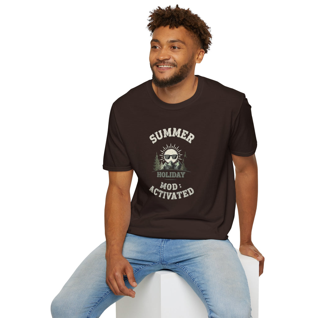 Summer Holiday Mode Activated T-Shirt | Retro Mountain Sun Graphic Tee | Camping Hiking Vacation Shirt for Men Women | Outdoor Adventure Top