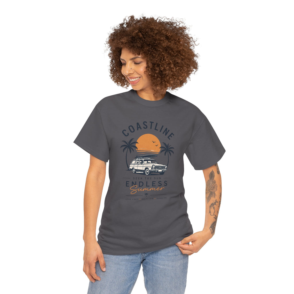 Coastline Endless Summer T-Shirt, Beach Vacation Graphic Tee, Retro Surf Van Shirt, Coastal Sunset Summer Top, Unisex Beach Lover Gift