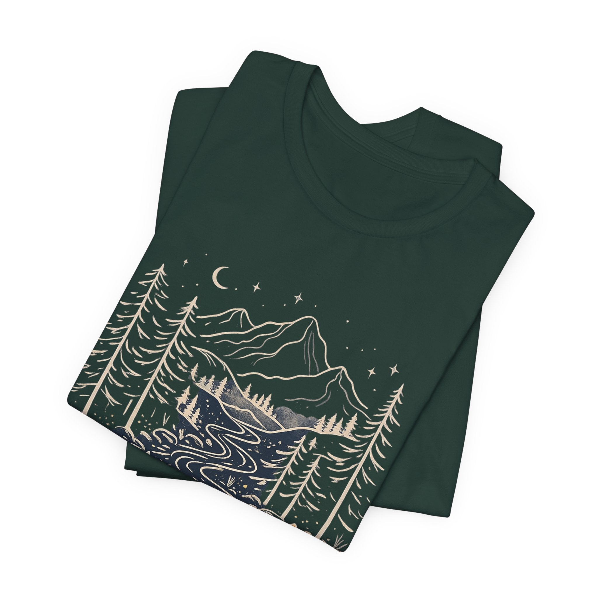 Mountain River Forest Graphic Tee, Nature Landscape Shirt, Boho Outdoor T-Shirt, Camping Hiking Gift, Unisex Black Tee, Wilderness Adventure Top