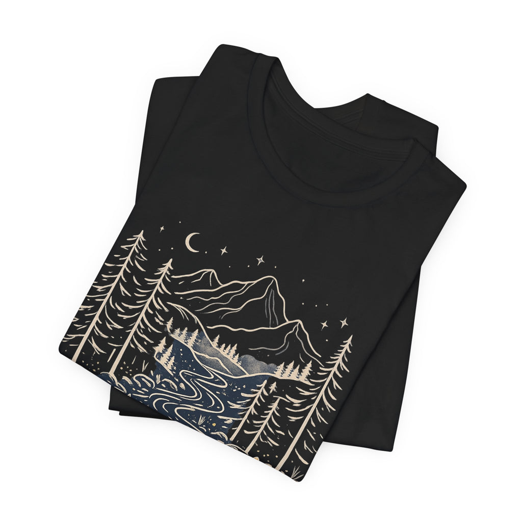 Mountain River Forest Graphic Tee, Nature Landscape Shirt, Boho Outdoor T-Shirt, Camping Hiking Gift, Unisex Black Tee, Wilderness Adventure Top