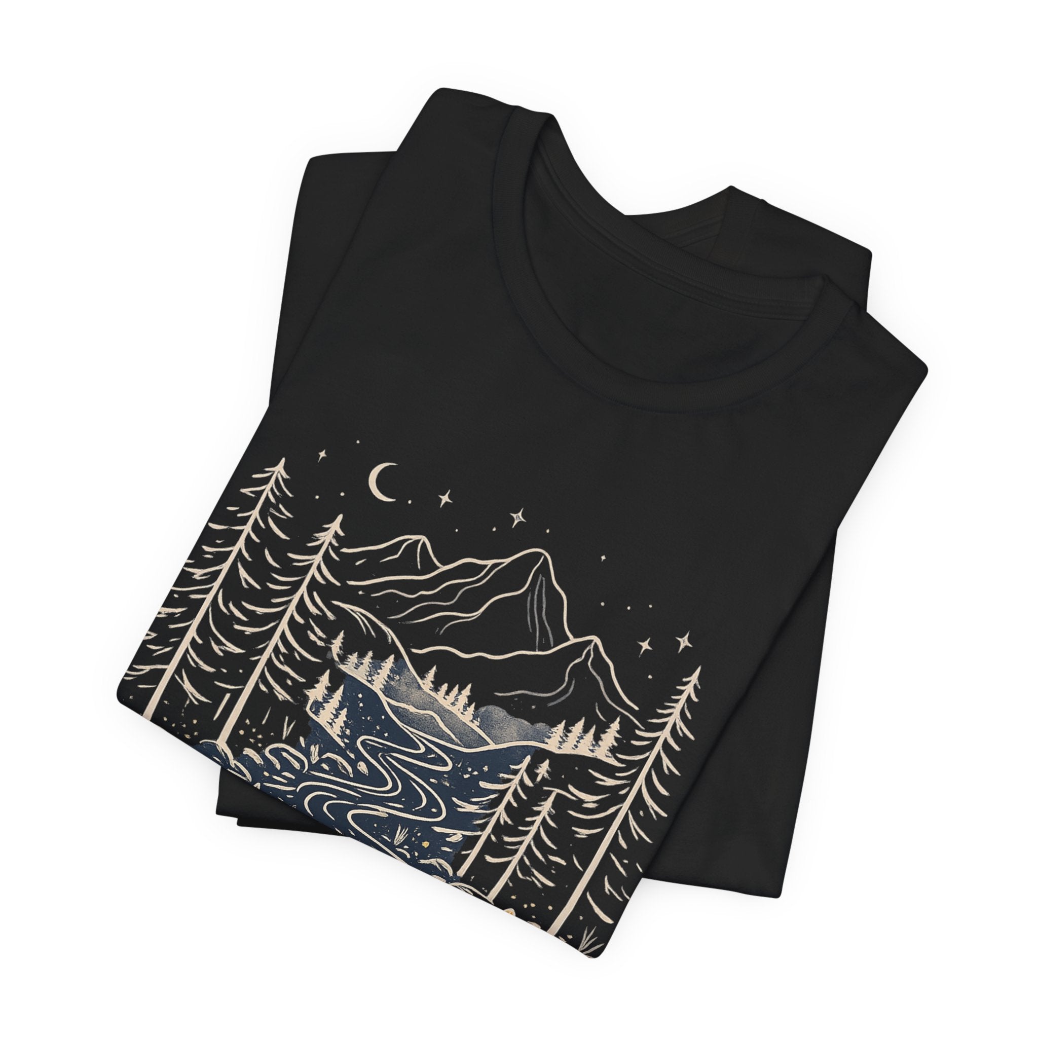 Mountain River Forest Graphic Tee, Nature Landscape Shirt, Boho Outdoor T-Shirt, Camping Hiking Gift, Unisex Black Tee, Wilderness Adventure Top