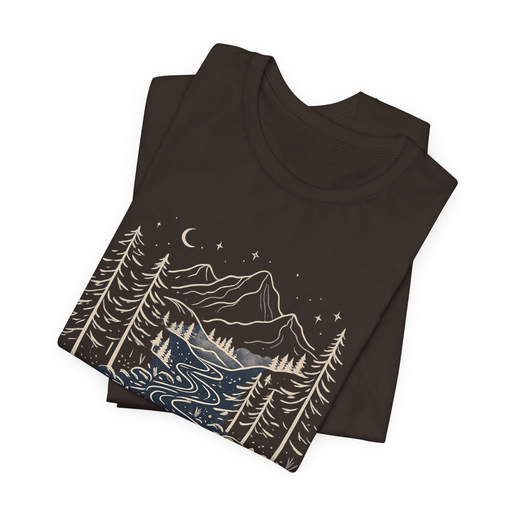 Mountain River Forest Graphic Tee, Nature Landscape Shirt, Boho Outdoor T-Shirt, Camping Hiking Gift, Unisex Black Tee, Wilderness Adventure Top