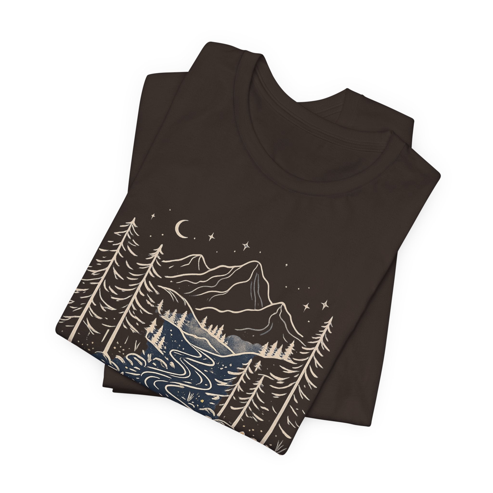 Mountain River Forest Graphic Tee, Nature Landscape Shirt, Boho Outdoor T-Shirt, Camping Hiking Gift, Unisex Black Tee, Wilderness Adventure Top