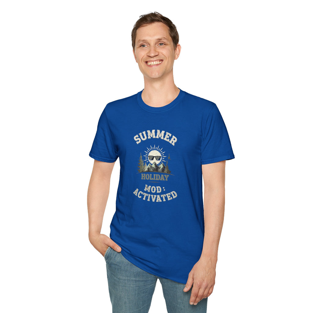 Summer Holiday Mode Activated T-Shirt | Retro Mountain Sun Graphic Tee | Camping Hiking Vacation Shirt for Men Women | Outdoor Adventure Top