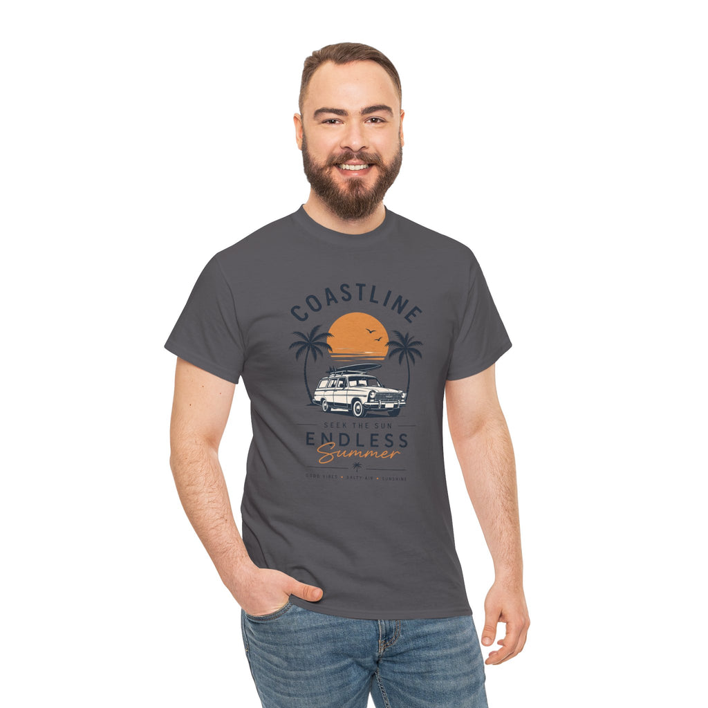 Coastline Endless Summer T-Shirt, Beach Vacation Graphic Tee, Retro Surf Van Shirt, Coastal Sunset Summer Top, Unisex Beach Lover Gift