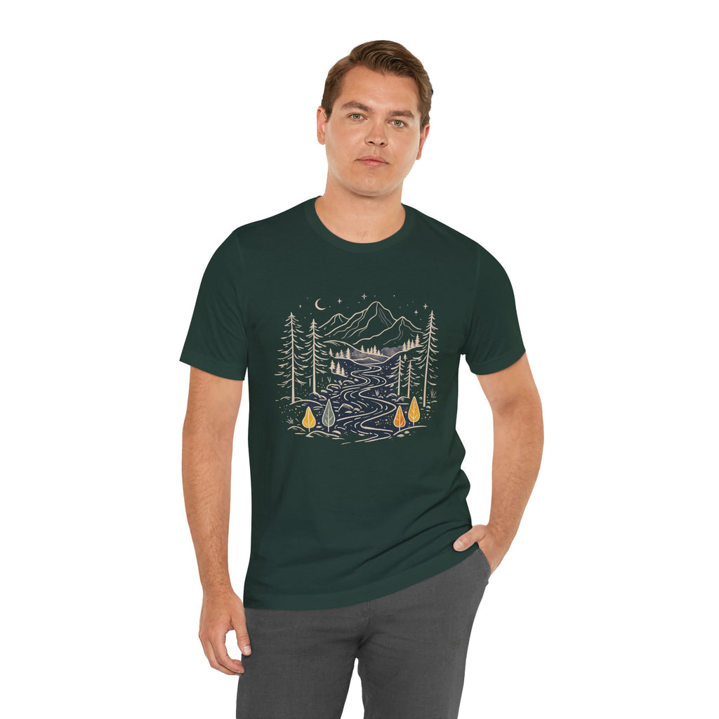 Mountain River Forest Graphic Tee, Nature Landscape Shirt, Boho Outdoor T-Shirt, Camping Hiking Gift, Unisex Black Tee, Wilderness Adventure Top