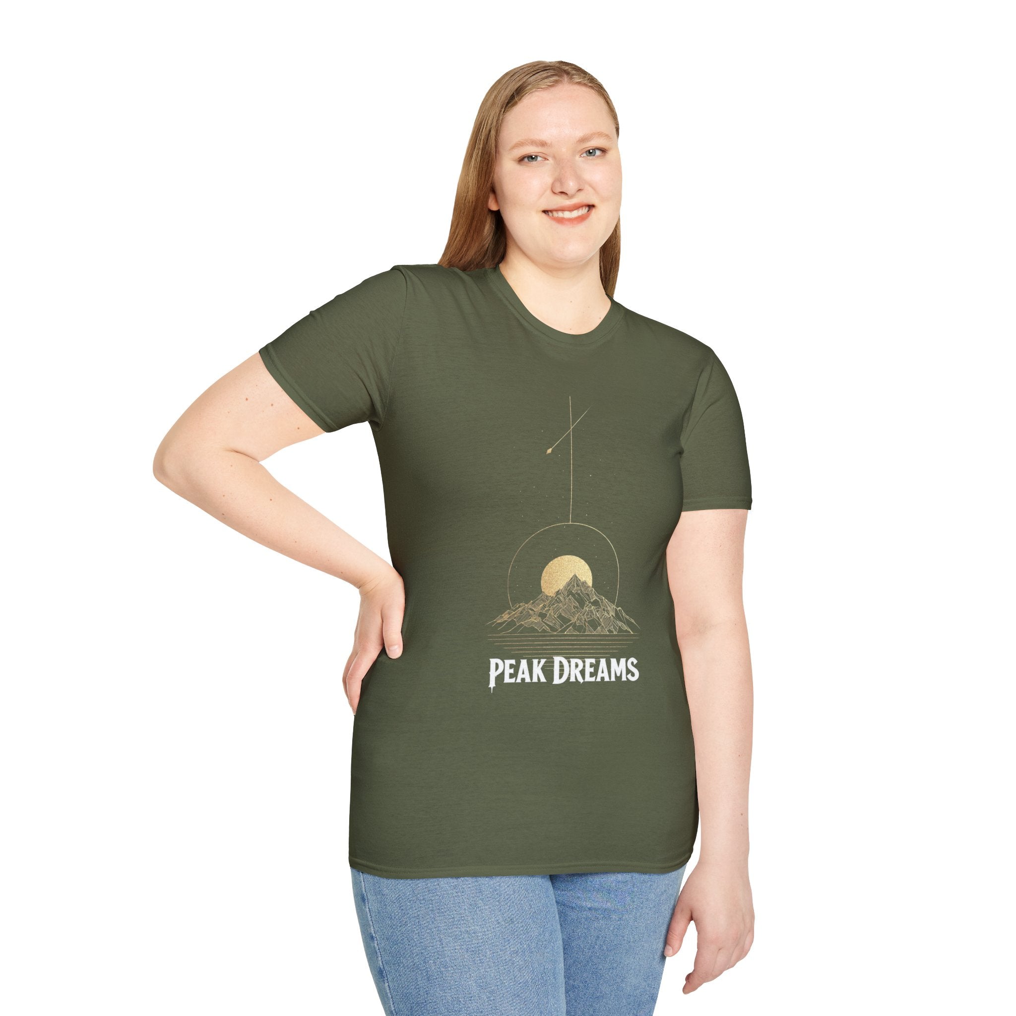 "Peak Dreams Mountain T-Shirt | Celestial Gothic Tee | Astronomy Night Sky Shirt | Adventure Hiking Gift | Boho Mystical Apparel | Vintage Gold Mountain Graphic