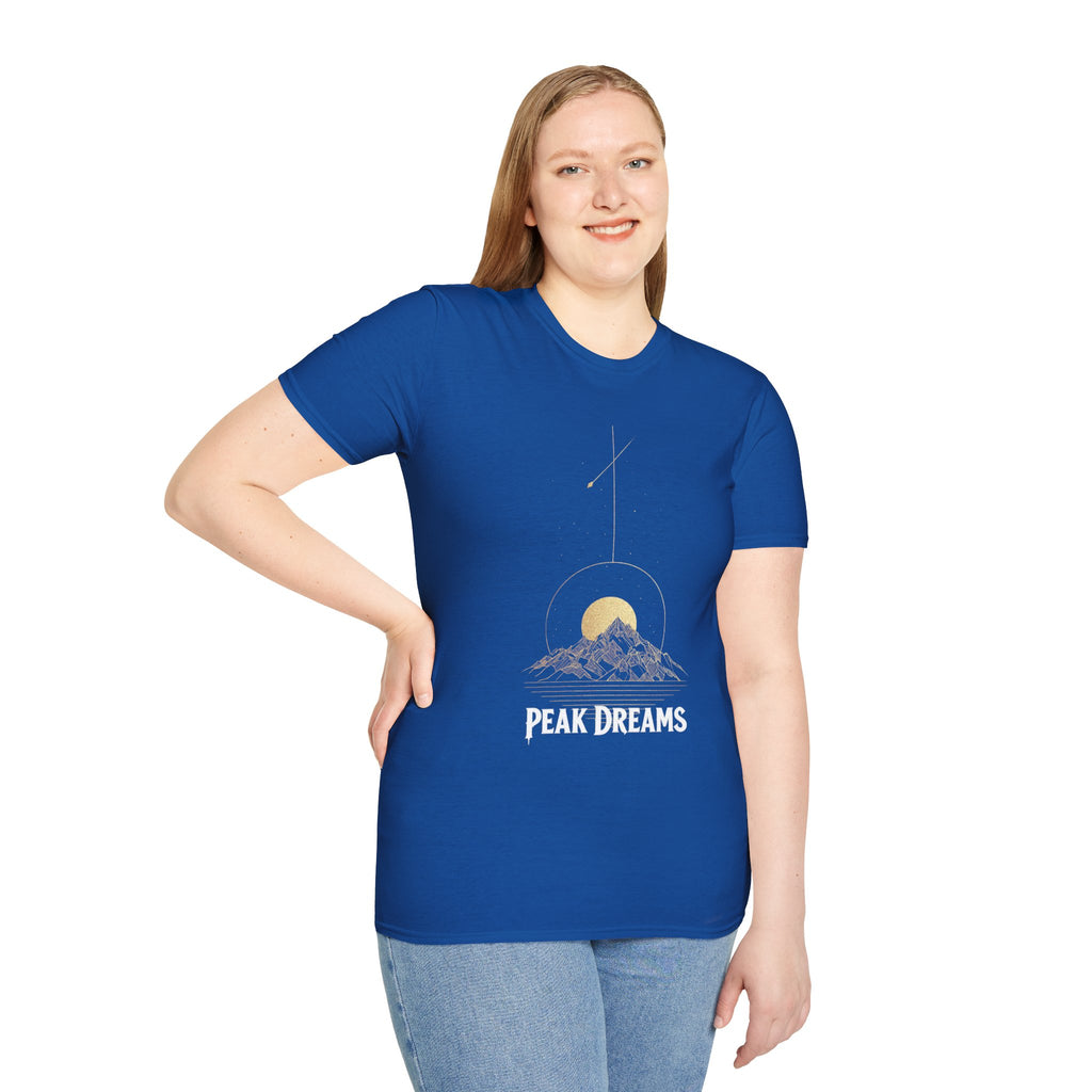 "Peak Dreams Mountain T-Shirt | Celestial Gothic Tee | Astronomy Night Sky Shirt | Adventure Hiking Gift | Boho Mystical Apparel | Vintage Gold Mountain Graphic