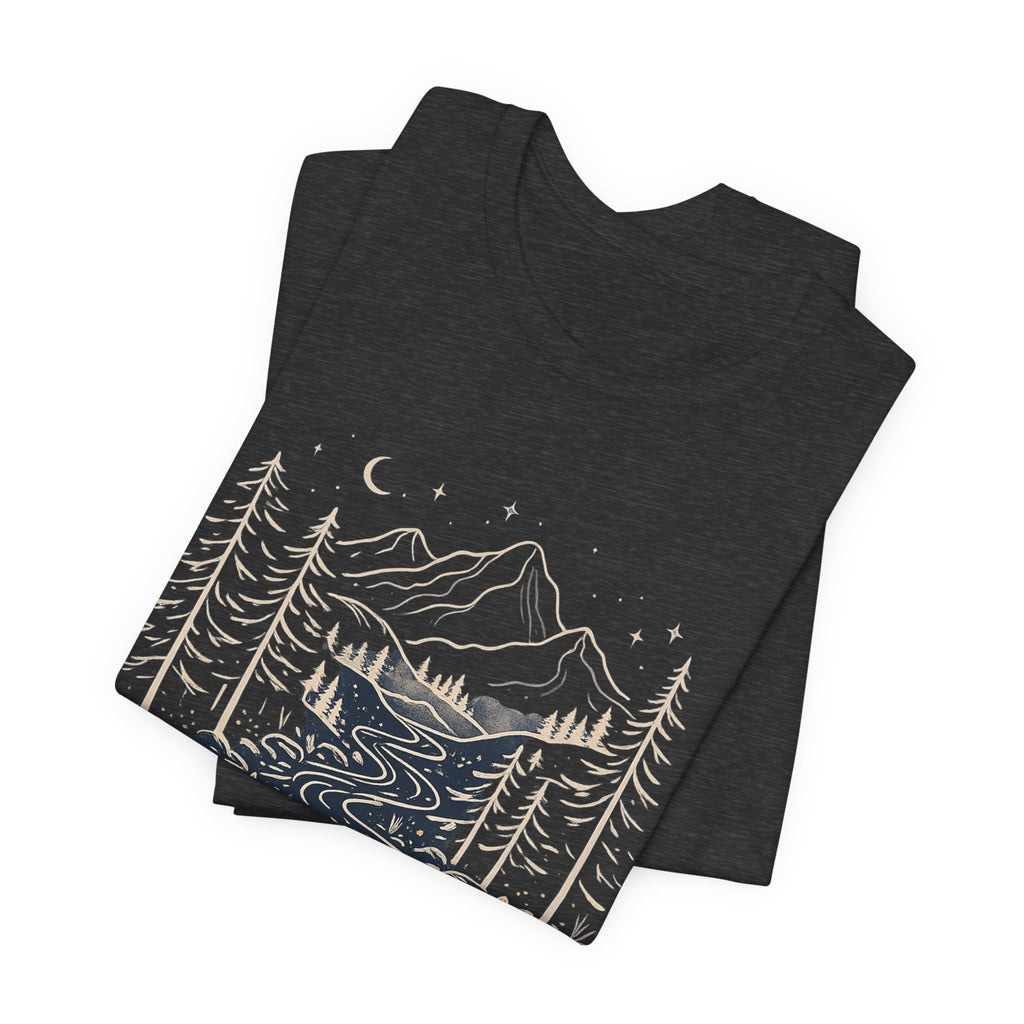 Mountain River Forest Graphic Tee, Nature Landscape Shirt, Boho Outdoor T-Shirt, Camping Hiking Gift, Unisex Black Tee, Wilderness Adventure Top