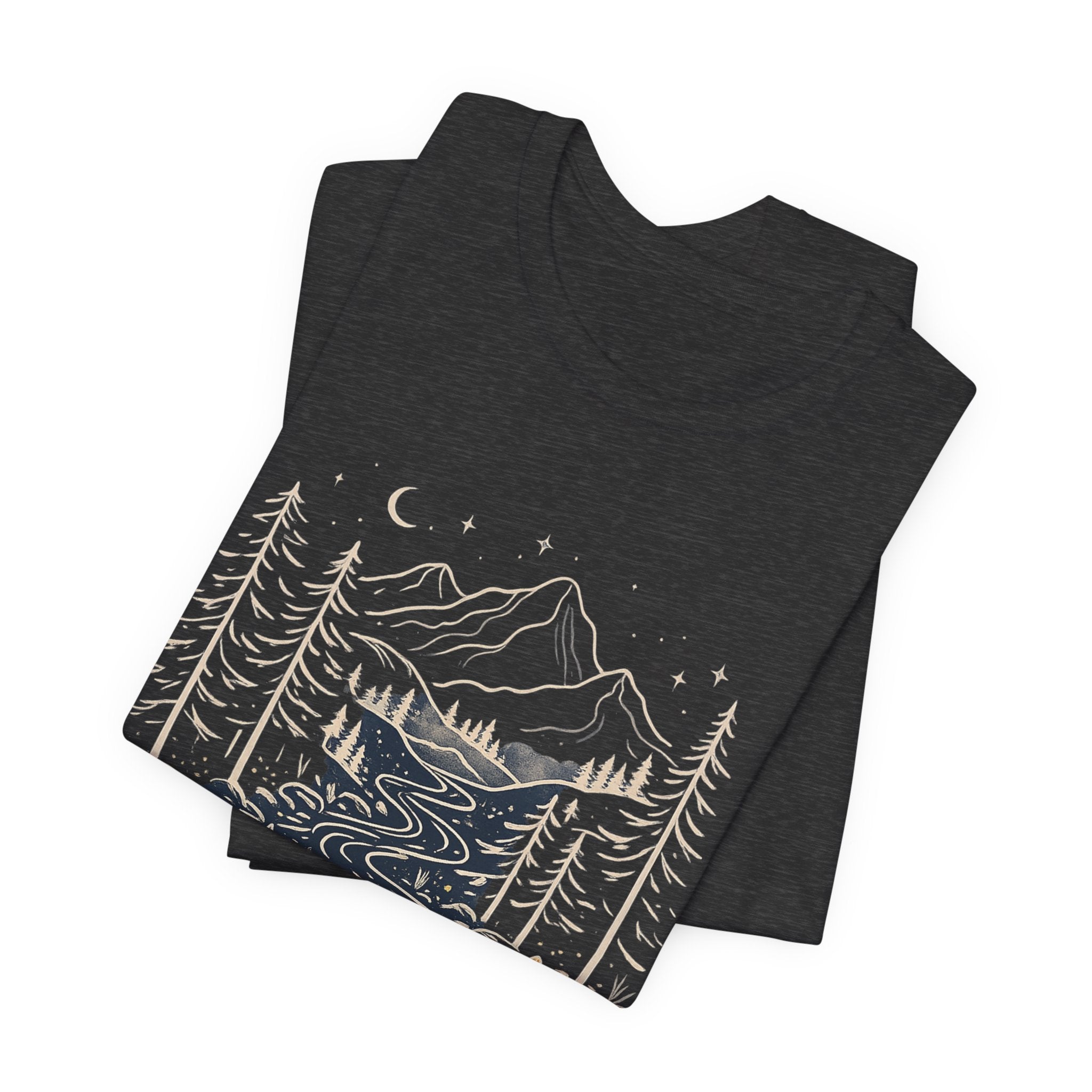 Mountain River Forest Graphic Tee, Nature Landscape Shirt, Boho Outdoor T-Shirt, Camping Hiking Gift, Unisex Black Tee, Wilderness Adventure Top