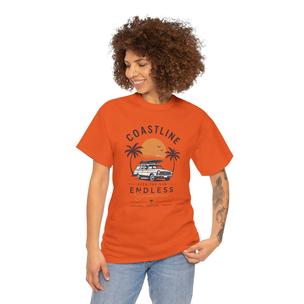 Coastline Endless Summer T-Shirt, Beach Vacation Graphic Tee, Retro Surf Van Shirt, Coastal Sunset Summer Top, Unisex Beach Lover Gift