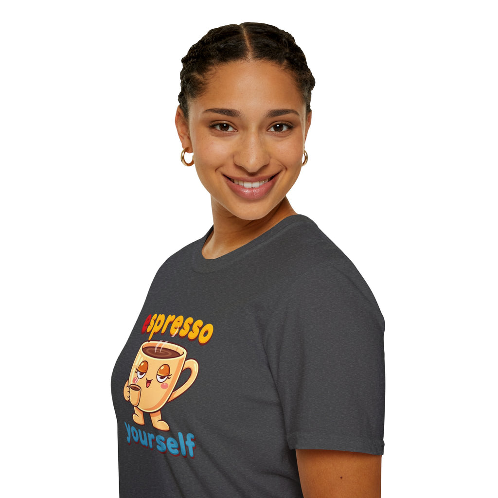Espresso Yourself Funny Coffee T-Shirt, Cute Coffee Cup Graphic Tee, Barista Gift Shirt, Coffee Lover Pun Tee, Caffeine Lover Unisex Top