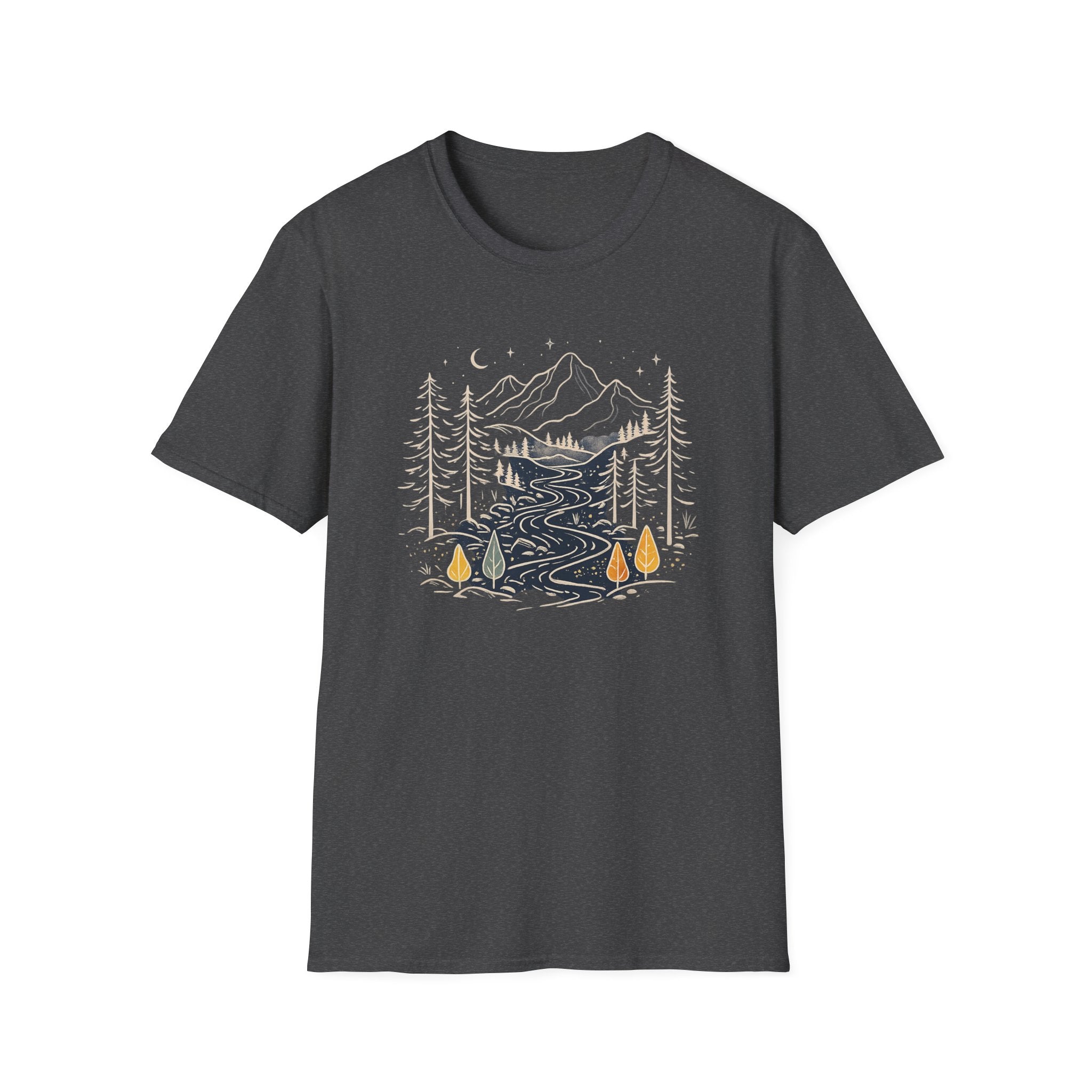 Midnight Mountain River Forest T-Shirt | Vintage Nature Adventure Graphic Tee | Minimalist Camping Hiking Shirt