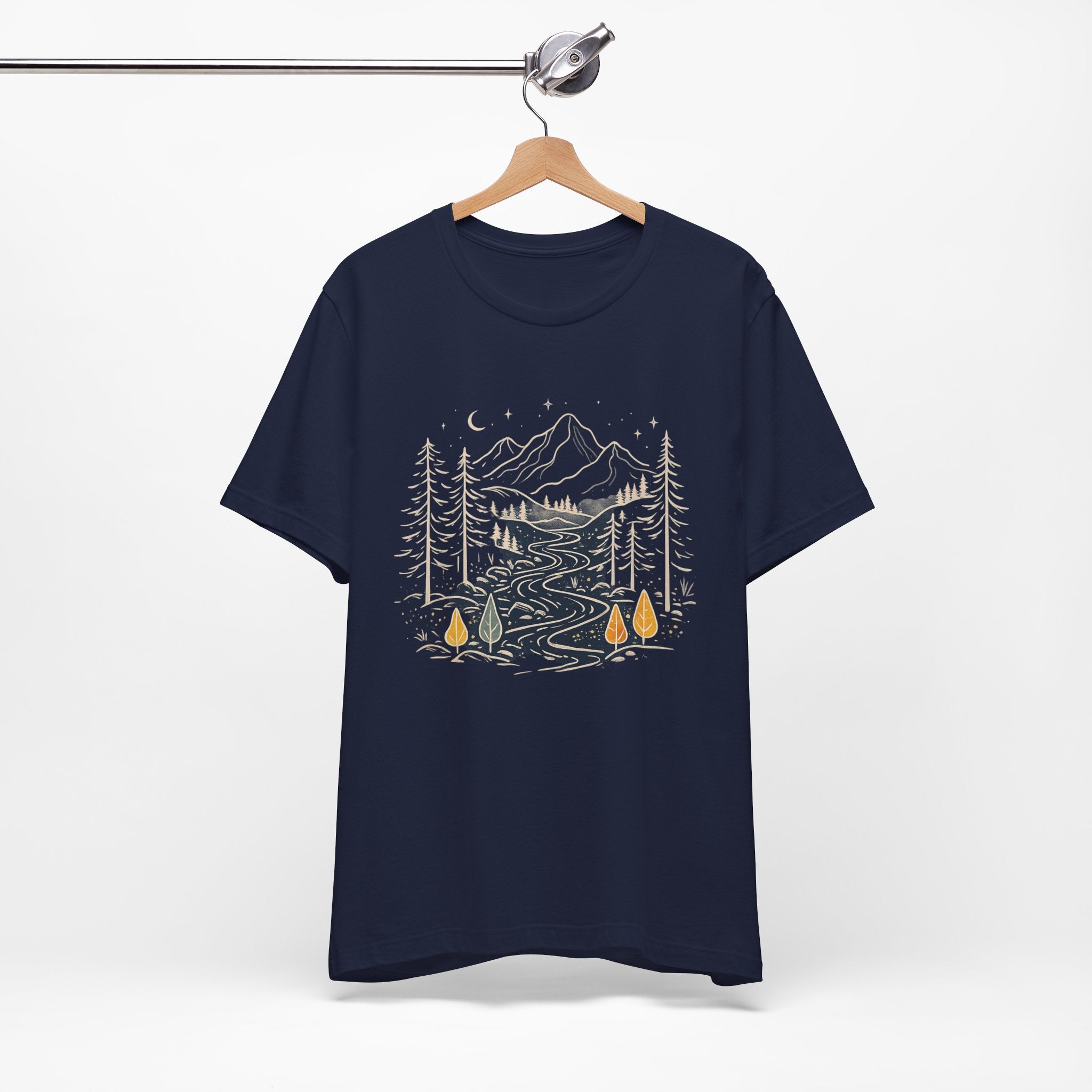 Mountain River Forest Graphic Tee, Nature Landscape Shirt, Boho Outdoor T-Shirt, Camping Hiking Gift, Unisex Black Tee, Wilderness Adventure Top