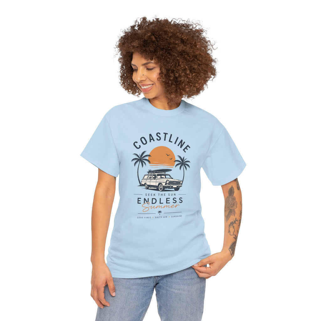 Coastline Endless Summer T-Shirt, Beach Vacation Graphic Tee, Retro Surf Van Shirt, Coastal Sunset Summer Top, Unisex Beach Lover Gift