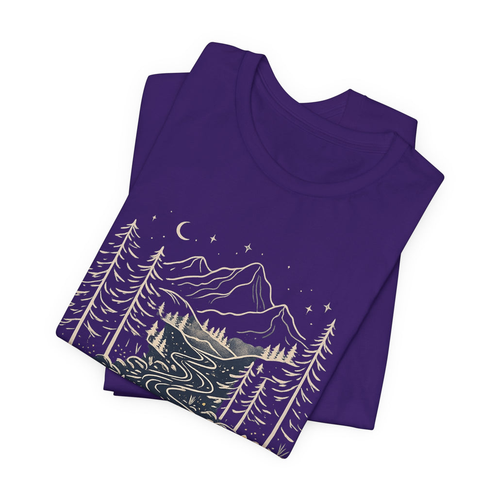 Mountain River Forest Graphic Tee, Nature Landscape Shirt, Boho Outdoor T-Shirt, Camping Hiking Gift, Unisex Black Tee, Wilderness Adventure Top