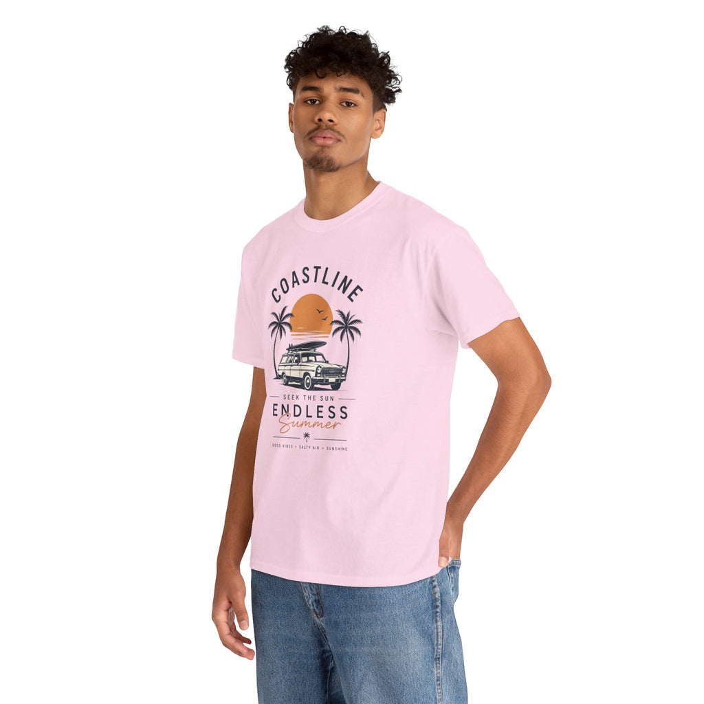 Coastline Endless Summer T-Shirt, Beach Vacation Graphic Tee, Retro Surf Van Shirt, Coastal Sunset Summer Top, Unisex Beach Lover Gift