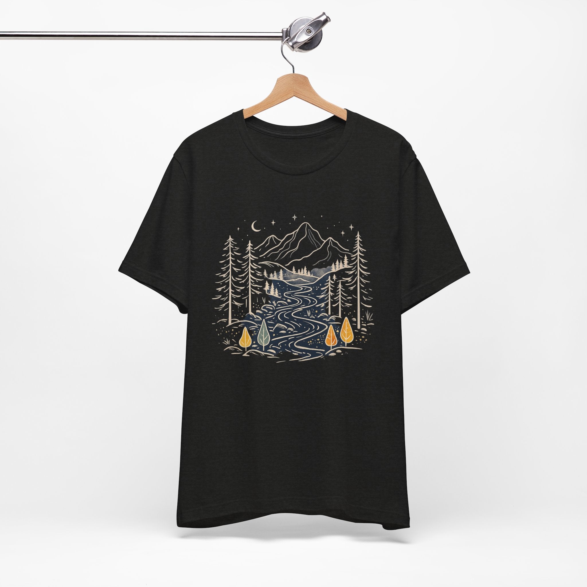 Mountain River Forest Graphic Tee, Nature Landscape Shirt, Boho Outdoor T-Shirt, Camping Hiking Gift, Unisex Black Tee, Wilderness Adventure Top